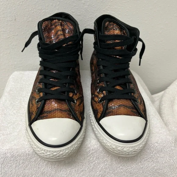 Converse All Star High-Top Sequin Tiger Print Sneakers - Black & Brown Men’s 7.5 - Picture 3 of 7